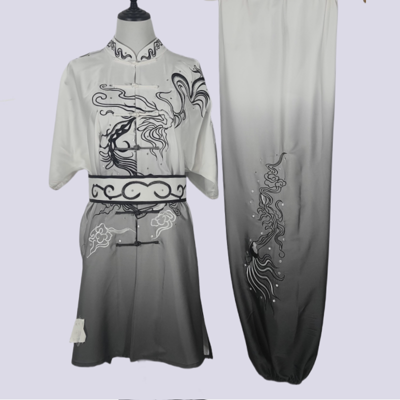 长短袖龙刺绣太极服黑白渐变练功服男女款太极拳气功比赛表演出 - 实物图
