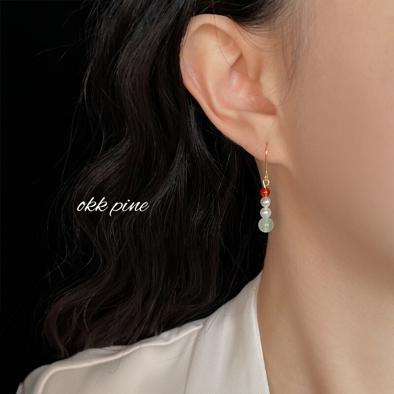 okk pine 新中式文艺复古手作耳饰天然石红玛瑙淡水珍珠气质耳环