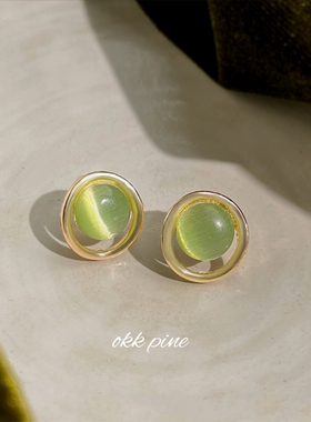 okk pine 森系甜美小清新绿色耳钉玻璃猫眼石圆形几何通勤耳环女