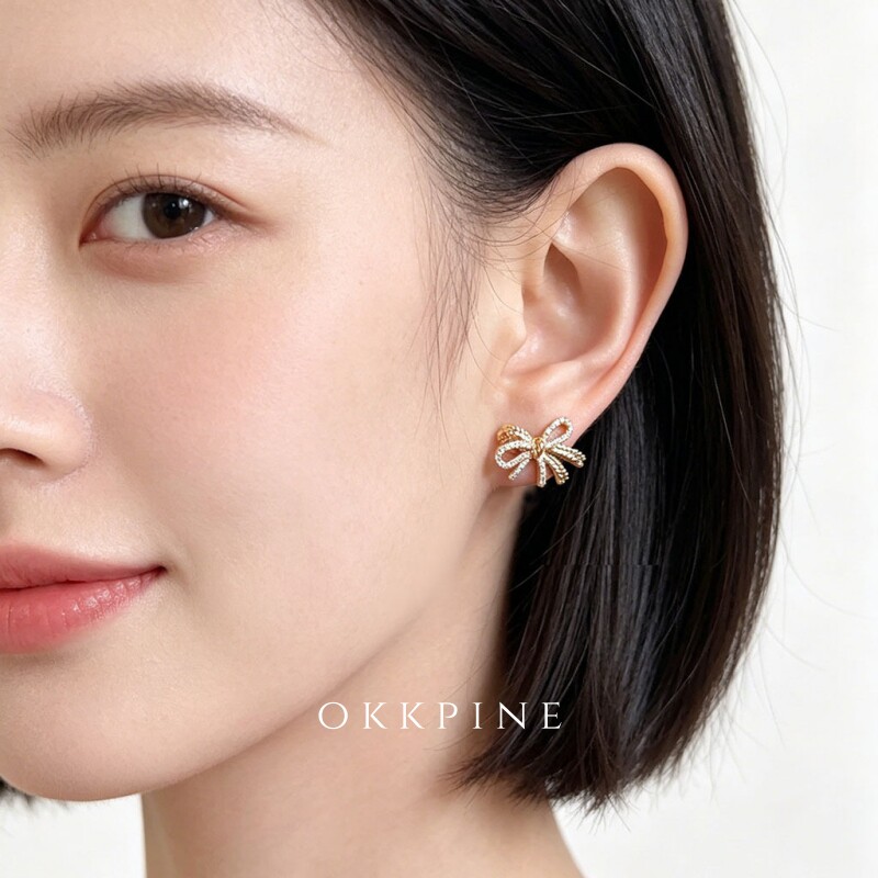 okk pine 鎏金缎结~原创设计锆石耳钉满钻扭纹金属蝴蝶结轻奢耳环