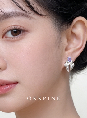 okk pine 紫色烂漫~原创设计师款皓石耳饰耳钉芭蕾风蝴蝶结耳环女