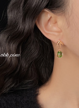 okk pine 彩绿满星~新中式国风手作耳饰竹叶绿色玻璃气质清新耳环