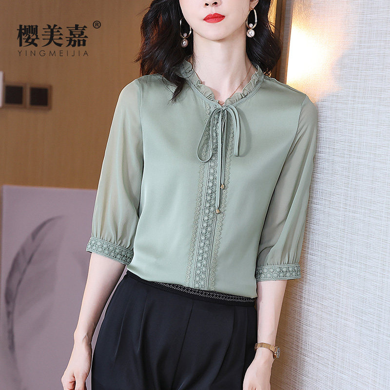 樱美嘉蕾丝花边短袖真丝衬衫女夏木耳领系带气质优雅桑蚕丝上衣