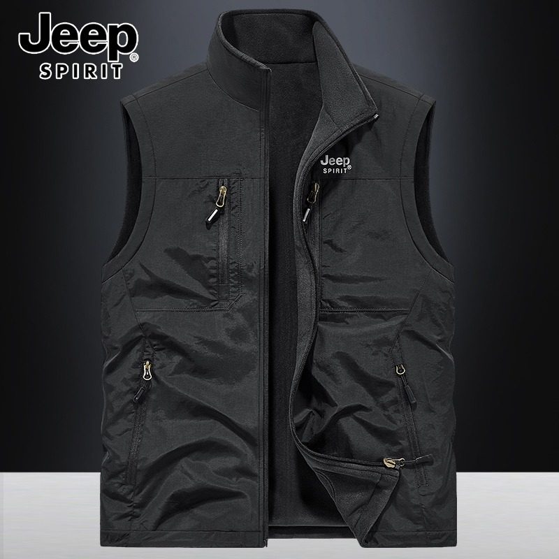 Jeep吉普男士加绒马甲双面穿秋冬休闲大码保暖多口袋马夹工装外套