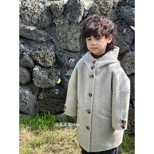 儿童100%羊毛连帽双面羊绒大衣韩版男童女童宽松洋气宝宝呢子外套
