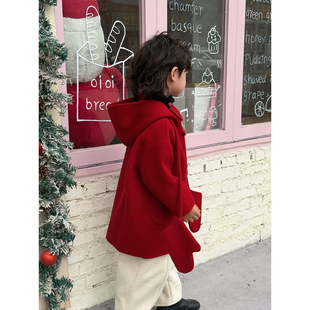 男童圣诞新年红色双面羊绒大衣100%羊毛宝宝拜年服儿童毛呢外套潮