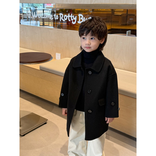 男童黑色100%羊毛大衣男孩加厚保暖手工双面呢宝宝儿童毛呢外套潮