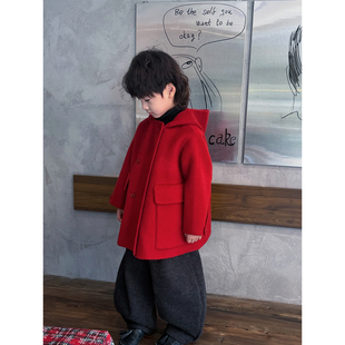 男童新年红色双面羊绒大衣帅气时髦100%羊毛加厚宝宝呢子外套潮