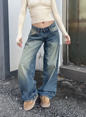 The DINA 2025新款复古水洗做旧街头宽松低腰牛仔阔腿直筒长裤女