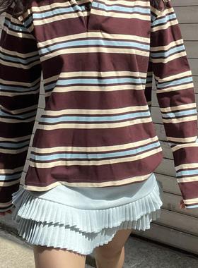 TheDINA2025秋冬新款美式复古撞色条纹长袖T恤+超短百褶裙上衣女