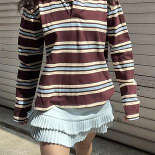2026春季 T恤 新款 复古撞色条纹长袖 超短百褶裙上衣女 美式 TheDINA