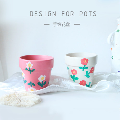 郁金香花器手绘红陶可爱透气吸水