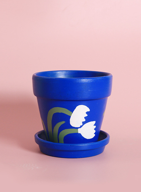 蓝色郁金香手绘小红陶盆矮盆绿植多肉创意可爱透气有趣办公室礼物