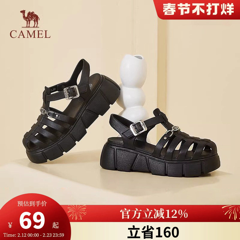 骆驼女鞋新款夏季猪笼鞋经典厚底高跟包头拖鞋女沙滩罗马凉鞋