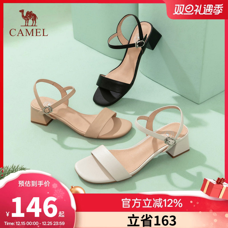 骆驼女鞋2025夏季新款真皮一字带休闲高跟鞋露趾粗跟时装凉鞋女