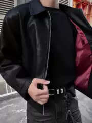 Spring New Textured Pu Leather Short Wide Black Leather Jacket for Men Cleanfit Jacket with Red Lining