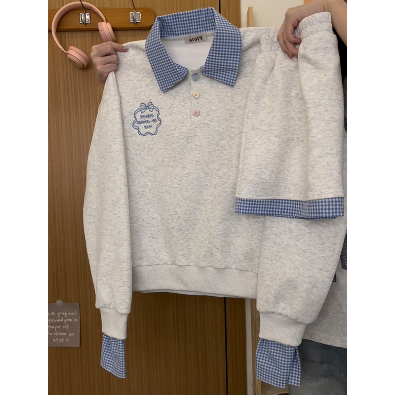 奶油的宇宙 刺绣格子拼接假两件polo领卫衣女韩系复古短裙两件套,女装/女士精品,时尚套装,淘宝优惠券,粉丝福利购,淘宝优惠卷