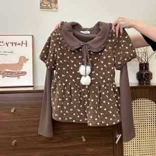 女甜美风两件套上衣 绑带碎花娃娃领加厚叠穿内搭长袖 奶油 宇宙