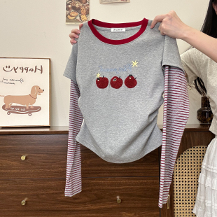 T恤女设计感收腰短款 植绒苹果条纹拼接假两件长袖 上衣 宇宙 奶油