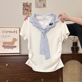 刺绣猫咪格纹海军领polo短袖 奶油 宇宙 T恤女学院风正肩短上衣