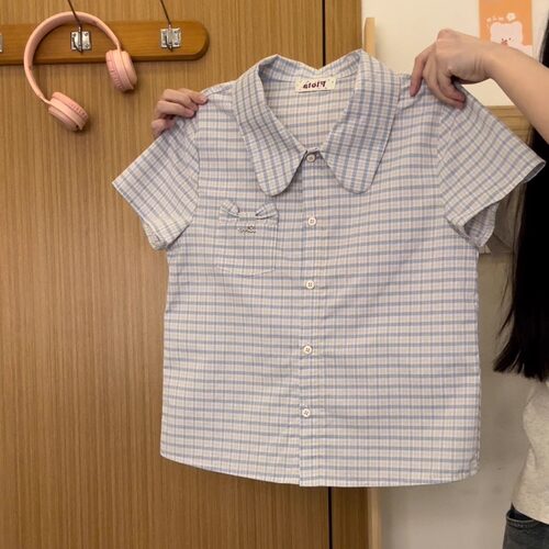 蝴蝶结口袋蓝色格纹polo领衬衫女