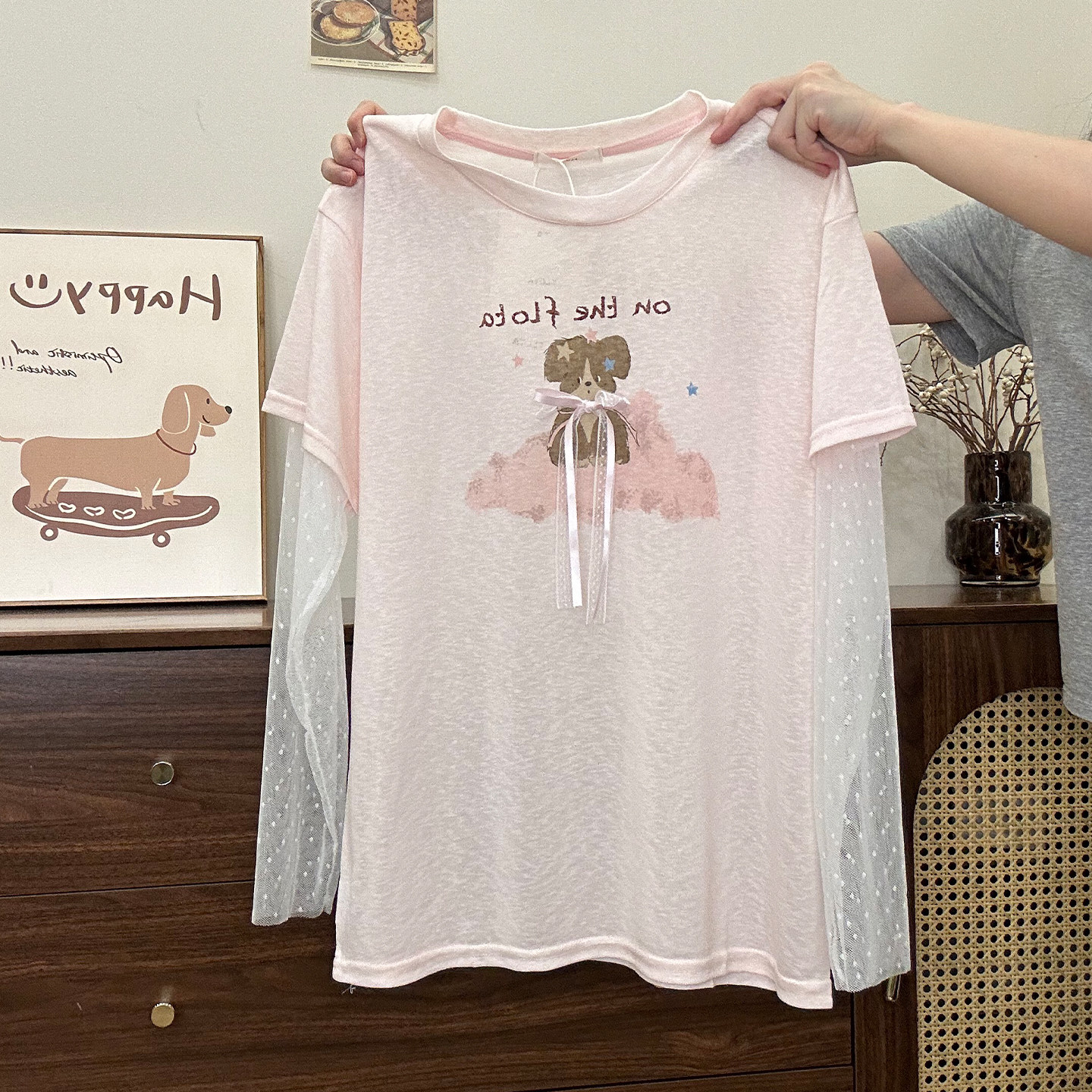 奶油的宇宙 蝴蝶结卡通粉色假两件长袖T恤女甜妹宽松微透罩衫上衣