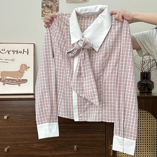 衬衫 绑带蝴蝶结粉色格纹polo领长袖 女甜美学院风衬衣 宇宙 奶油