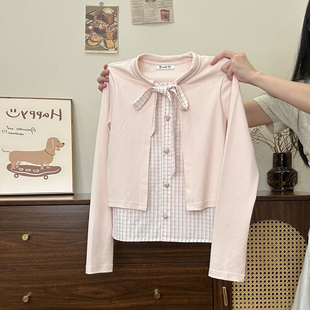 女甜美修身 奶油 长袖 绑带拼接假两件粉色格纹衬衫 早秋上衣 宇宙