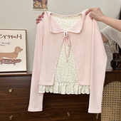 宇宙 满印星星荷叶边假两件长袖 上衣女甜美风修身 奶油 短款 内搭