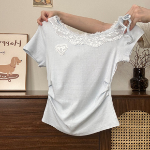 T恤女甜美温柔风收腰小上衣 绑带蕾丝拼接蓝色斜肩短袖 奶油 宇宙