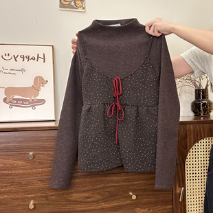 奶油的宇宙 波点吊带假两件磨毛内搭长袖女加厚半高领打底衫上衣