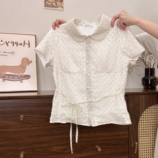 宇宙 短款 满印波点绑带娃娃领衬衫 女甜美少女修身 上衣 短袖 奶油