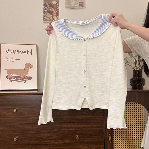 格纹娃娃领木耳边内搭长袖T恤女