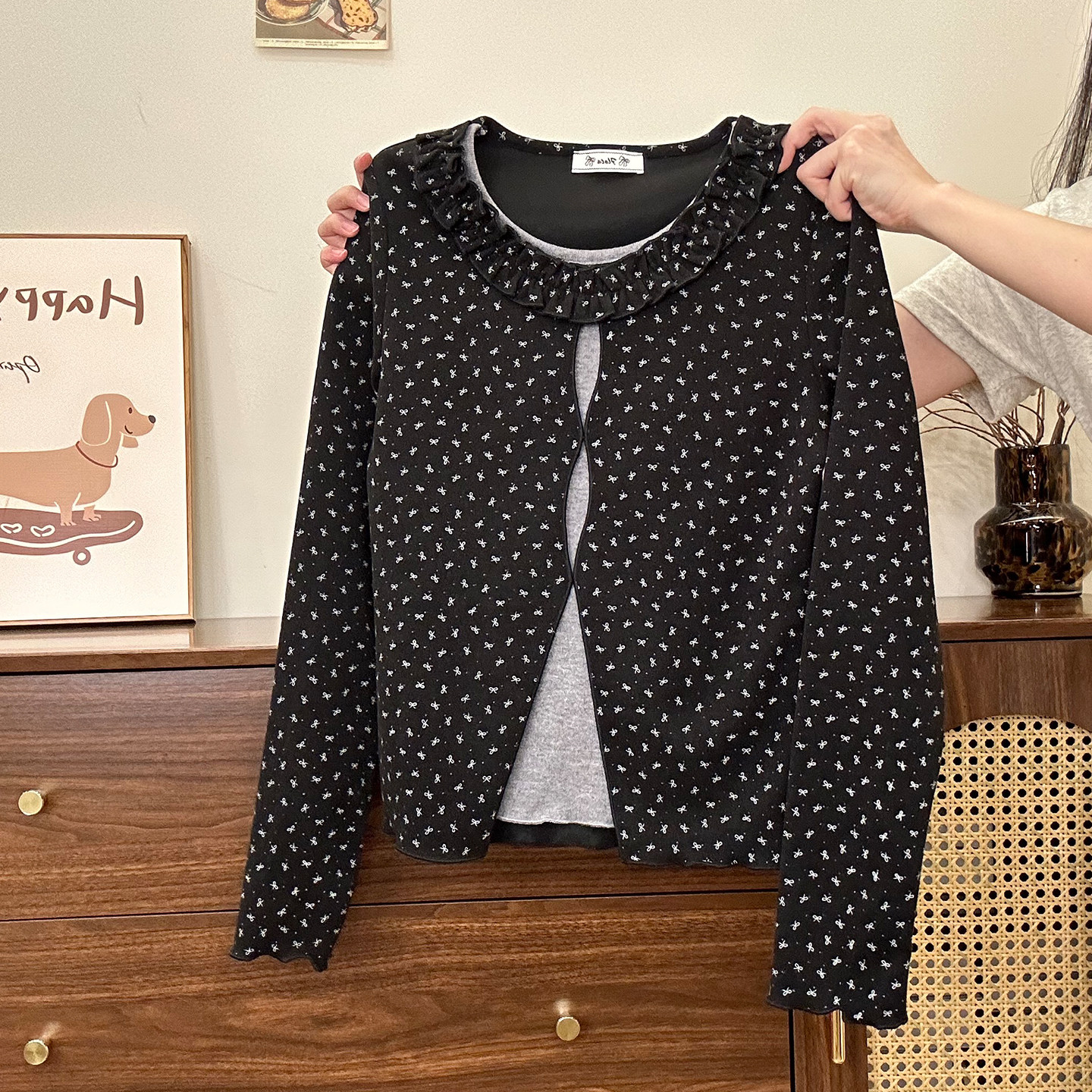 蝴蝶结捏褶花边假两件内搭长袖女