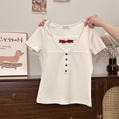 奶油 短上衣 T恤女甜美小个子修身 宇宙 波点蝴蝶结假两件正肩短袖