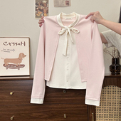 奶油 日系甜美风初秋短上衣 t恤女修身 宇宙 绑带撞色假两件长袖