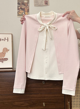 奶油的宇宙 绑带撞色假两件长袖t恤女修身日系甜美风初秋短上衣