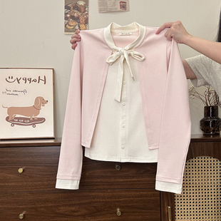 t恤女修身 绑带撞色假两件长袖 日系甜美风初秋短上衣 宇宙 奶油