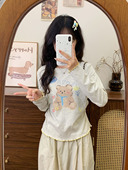 T恤女日系学院风木耳边内搭上衣新款 涂鸦小熊打底长袖 宇宙 奶油