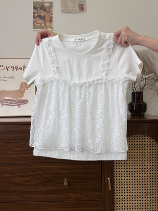 Creamy Universe Lace Mesh Patchwork Fake Two-Piece White Short-Sleeve T-Shirt for Women, Beautiful Summer Top with Regular Shoulders