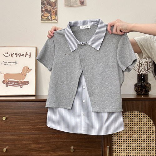 格纹拼接假两件polo领短袖T恤女