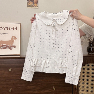 长袖 满印波点荷叶边娃娃领衬衫 女甜美少女显瘦短上衣 宇宙 奶油