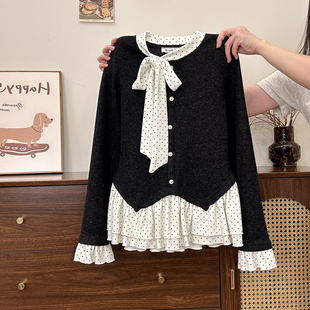 女韩系甜美假两件上衣 波点荷叶花边磨毛加厚内搭长袖 奶油 宇宙