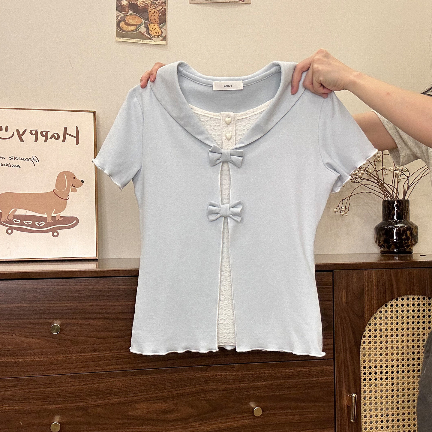 奶油的宇宙 蝴蝶结假两件翻领正肩短袖T恤女甜美修身木耳边短上衣