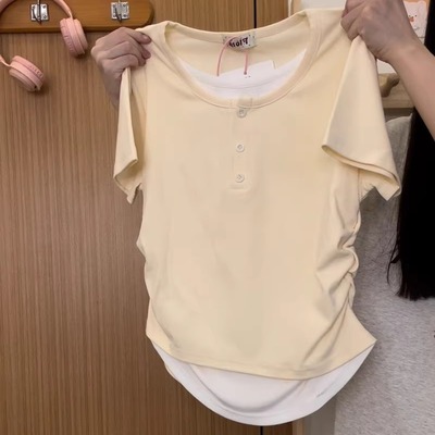 设计感假两件正肩针织短袖T恤女