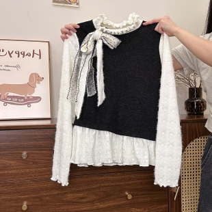 奶油的宇宙 波点绑带蕾丝荷叶边加厚内搭长袖女假两件叠穿打底衫