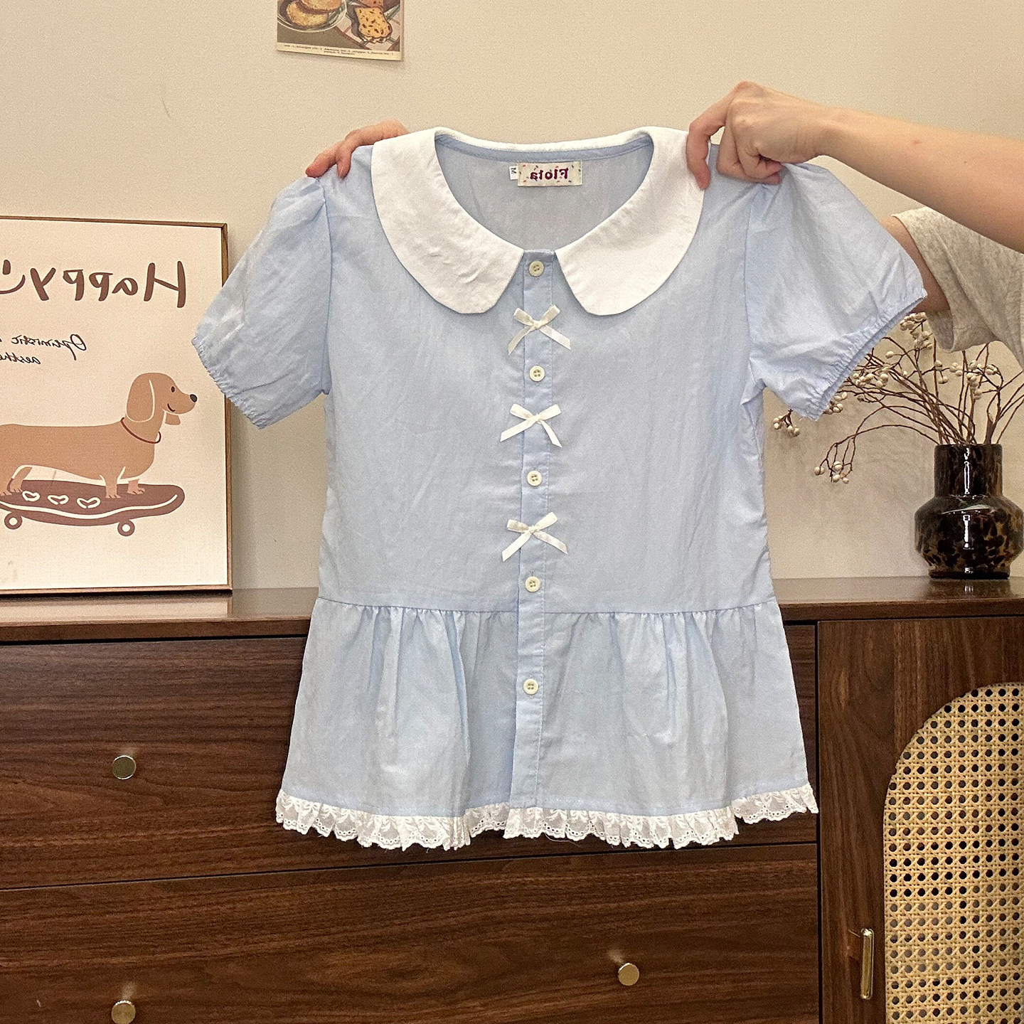 奶油的宇宙 蝴蝶结蕾丝花边娃娃领短袖衬衫女甜美少女泡泡袖上衣