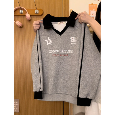 美式风字母条纹polo领加绒卫衣女