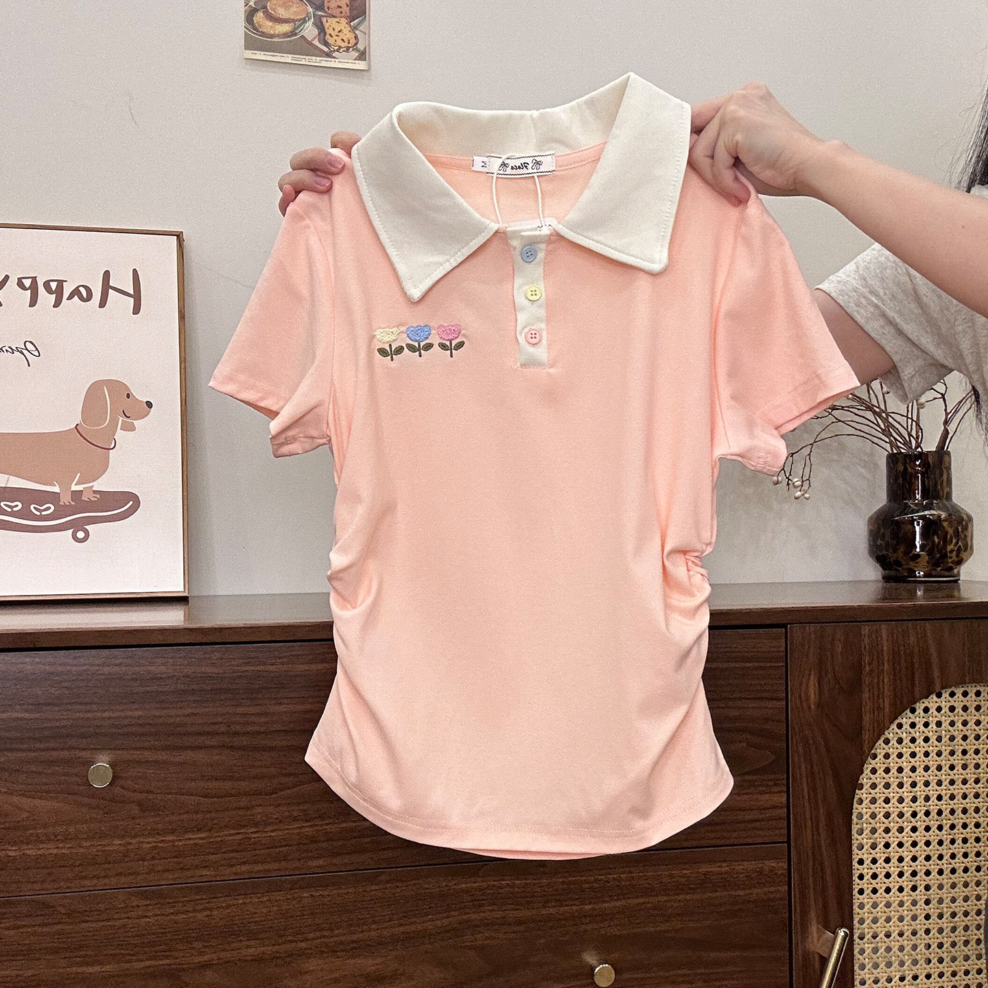 奶油的宇宙 刺绣郁金香polo正肩短袖T恤女甜妹多巴胺收腰短款上衣,女装/女士精品,POLO衫,淘宝优惠券,粉丝福利购,淘宝优惠卷