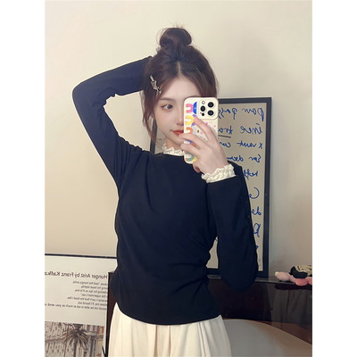 蕾丝拼接加绒长袖T恤女内搭上衣